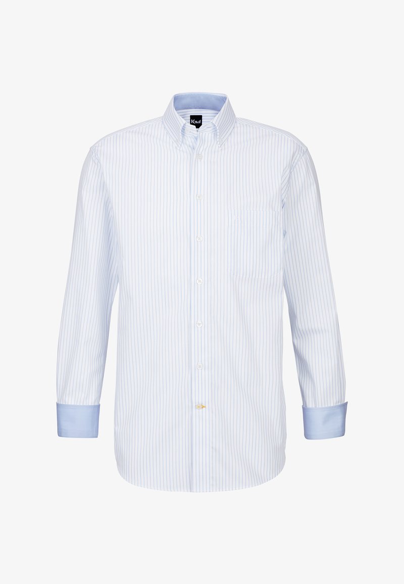 Camicia a righe blu chiaro in cotone. Colletto button-down, bottoni bianchi, taschino singolo sul petto e polsini a contrasto blu chiaro.