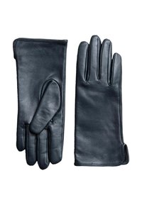 Sorte læderhandsker, glat tekstur, klassisk design, fem fingre med separat tommel, diskret syning, ingen synlig hardware.