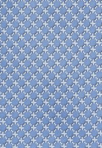 Niebieska tkana tkanina z geometrycznym wzorem małych kształtów obramowanych na biało, teksturowana powierzchnia w różnych odcieniach niebieskiego.