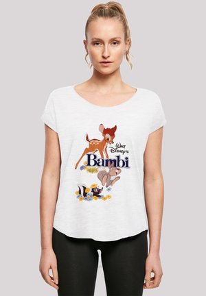 White short-sleeve T-shirt featuring a colorful Bambi graphic with flowers and characters. Soft material; relaxed fit with a rounded neckline.