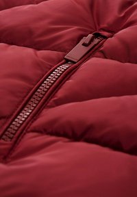 Rote Daunenjacke mit gestepptem Design, ausgestattet mit einem kontrastierenden Reißverschluss. Das Material wirkt glatt mit einem leicht glänzenden Finish.