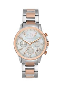 Orologio in acciaio inossidabile con dettagli in oro rosa, quadrante in madreperla, tre sottodial, indici delle ore in cristallo e display della data alle 4.