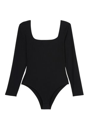 Bodysuit noir à manches longues avec un décolleté carré, texture côtelée et design ajusté. Présente une taille haute et une fermeture à clip en bas.