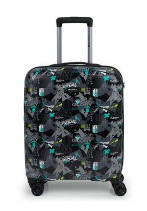 Hard-shell suitcase featuring a black and gray abstract football design with turquoise and yellow accents, retractable handle, and four wheels.