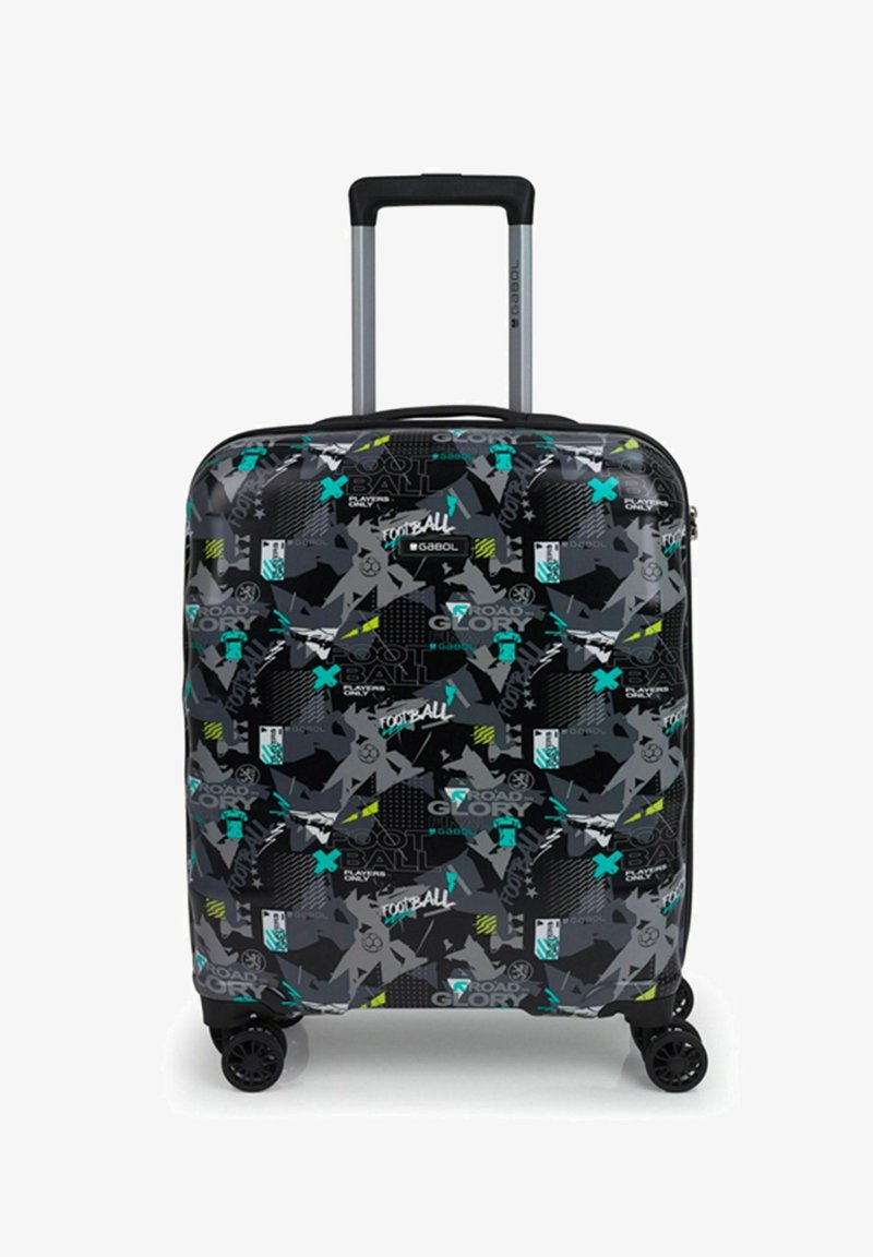 Hartschalenkoffer mit einem schwarz-grauen abstrakten Fußballdesign, akzentuiert mit türkisfarbenen und gelben Elementen, einziehbarem Griff und vier Rädern.