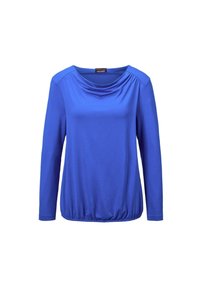 Blaue Bluse mit langen Ärmeln, drapiertem Ausschnitt und gerafftem Saum. Hergestellt aus weichem Material, mit glatter Textur und enganliegenden Ärmeln.