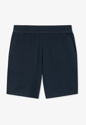 Pantalones cortos azul marino de tejido suave, con cinturilla elástica y dos bolsillos laterales. Diseño simple, corte recto, sin patrones visibles.