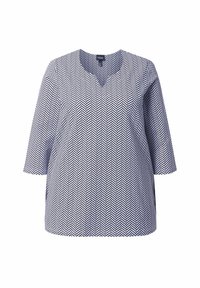 Marineblauw en wit kortemouwtop met een V-hals, voorzien van een visgraatpatroon. Losse pasvorm en gestructureerde stof, biedt comfort en ademend vermogen.