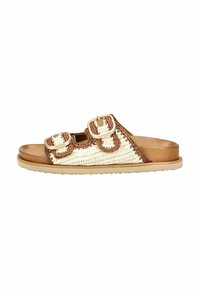 Woven slip-on sandal in cream and brown, featuring two adjustable straps with golden buckles, and a textured sole for traction.