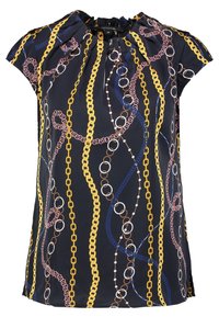 Blouse bleu marine à manches courtes, ornée d'un motif de chaînes et maillons en jaune, rose et bleu. Tissu texturé avec un détail de fronces au niveau de l'encolure.