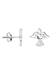 Örhängen i sterlingsilver i form av änglar, med intrikata vingdesigns, ett hjärtformigt mittstycke och en polerad yta.