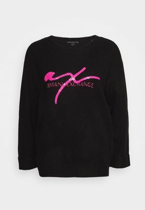Maglione nero in maglia con maniche lunghe, dotato di un logo lucido rosa "Armani Exchange". Polsini a coste e scollo rotondo. Tessuto morbido.