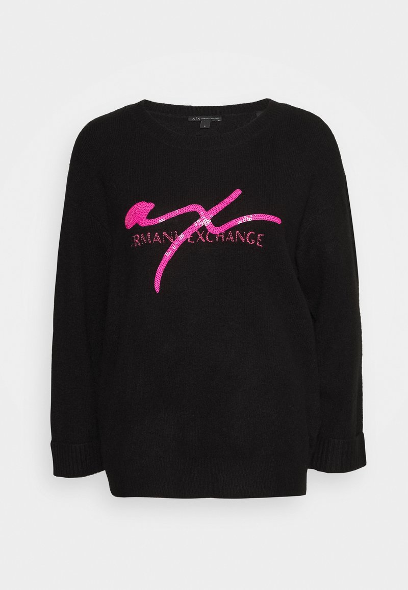 Schwarzer Strickpullover mit langen Ärmeln, ausgestattet mit einem glänzenden pinken "Armani Exchange"-Logo. Gerippte Bündchen und runder Halsausschnitt. Weicher Stoff.