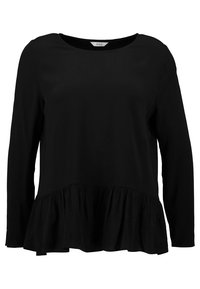 Top nero a maniche lunghe con scollatura rotonda e orlo arricciato. Realizzato in tessuto morbido, presenta un taglio rilassato. Design semplice e minimalista.