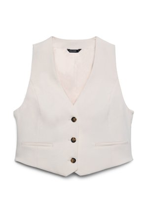 Gilet bianco con scollo a V, caratterizzato da due tasche frontali e tre bottoni marroni sul davanti, realizzato in tessuto liscio.
