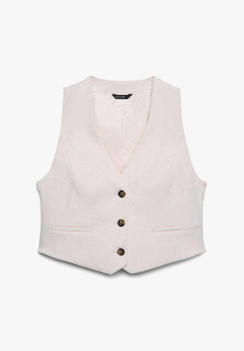 White vest with a V-neckline, featuring two front pockets and three brown buttons down the front, made from a smooth fabric.