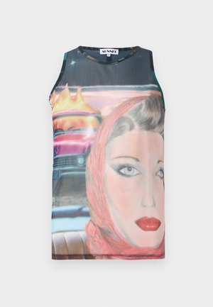 Sleeveless, fitted tank top with a retro graphic print featuring a woman's face and a vintage car, in vibrant colors and smooth fabric.