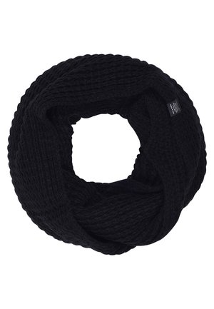 Schwarzer gestrickter Infinity-Schal mit einem strukturierten Waffelmuster und einem kleinen Markenetikett an einer Seite.