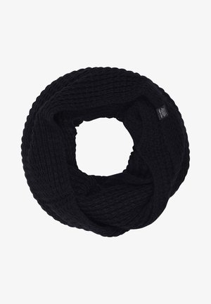Écharpe infinie noire en tricot avec un motif gaufré texturé et une petite étiquette de marque sur un côté.