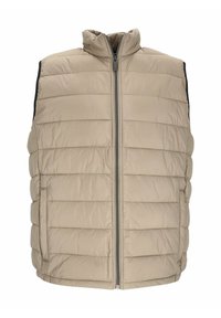 Beige Puffer-Weste mit vertikalem Steppmuster. Hoher Kragen, Frontreißverschluss und Seitentaschen. Strukturierter Stoff mit schwarzen Akzenten.