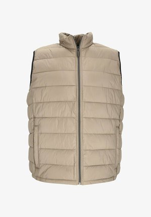 Beige Puffer-Weste mit vertikalem Steppmuster. Hoher Kragen, Frontreißverschluss und Seitentaschen. Strukturierter Stoff mit schwarzen Akzenten.