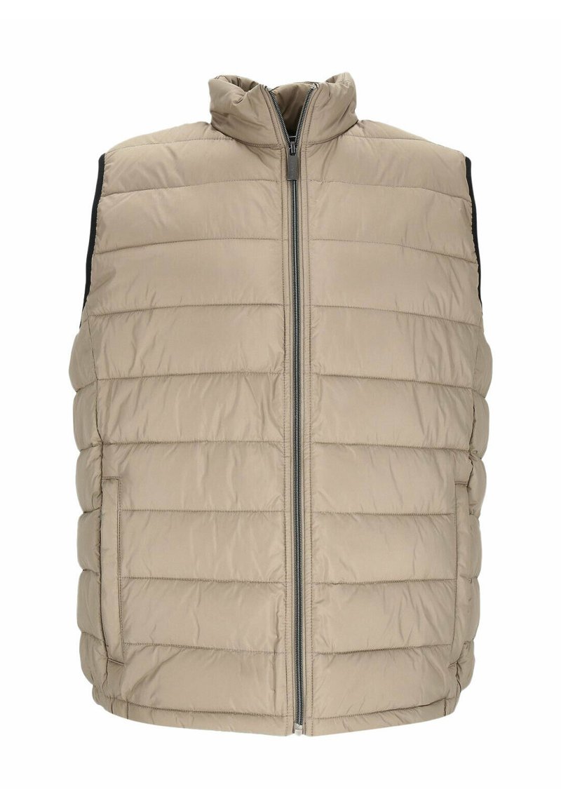 Beige Puffer-Weste mit vertikalem Steppmuster. Hoher Kragen, Frontreißverschluss und Seitentaschen. Strukturierter Stoff mit schwarzen Akzenten.