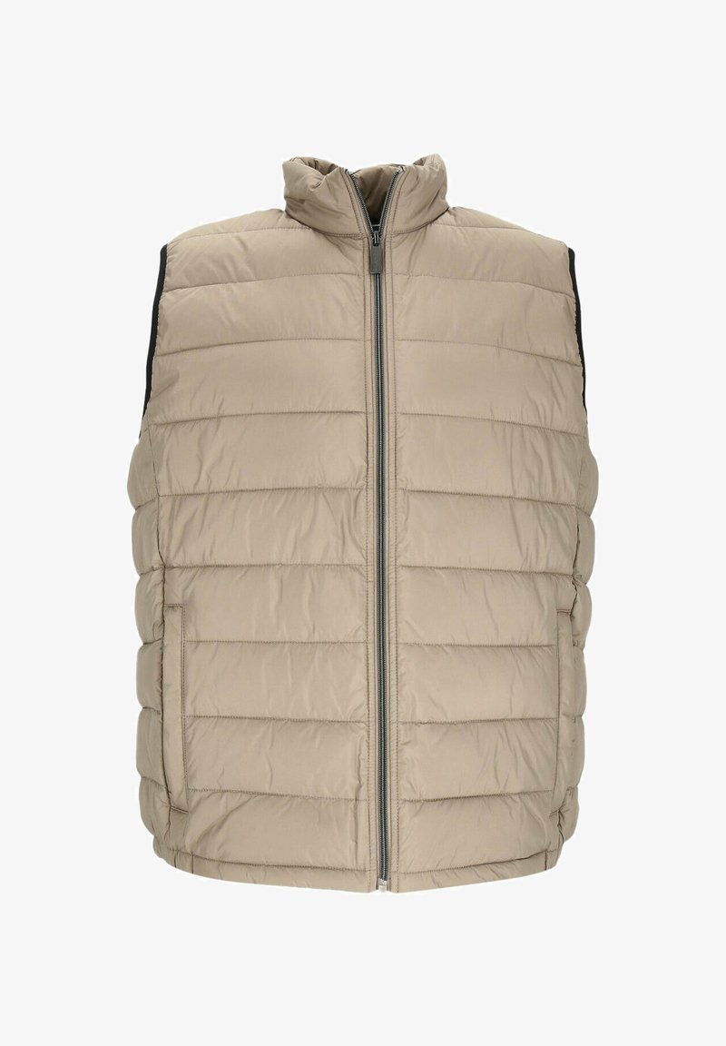 Beige Puffer-Weste mit vertikalem Steppmuster. Hoher Kragen, Frontreißverschluss und Seitentaschen. Strukturierter Stoff mit schwarzen Akzenten.