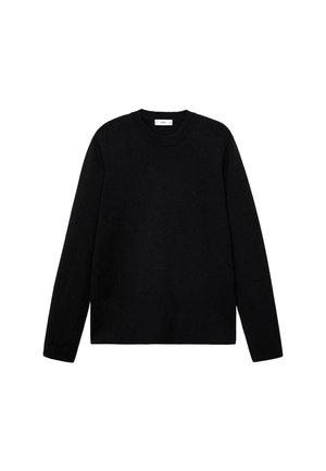 Schwarzer Rundhalsausschnitt-Pullover, lange Ärmel, gerippter Kragen und Bündchen, weiche Textur, minimalistisches Design. Keine sichtbaren Muster oder Beschläge.