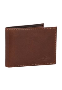 Brązowy skórzany portfel o gładkiej fakturze, składanej konstrukcji, kontrastowym przeszyciu i wytłoczonym logo z przodu. Elegancki i kompaktowy.