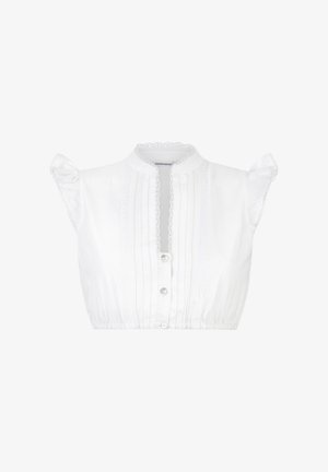 Weißes, kürzer geschnittenes Oberteil mit kurzen Puffärmeln, Spitzenbesatz, Knopfverschluss und vertikalen Streifen für Textur und Detail.