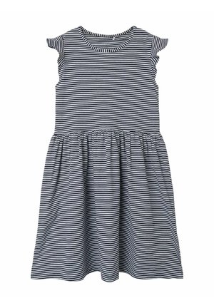 Sort-hvid kortærmet kjole med vandrette striber, indsnøring i taljen og rund halsudskæring, designet til et barn.