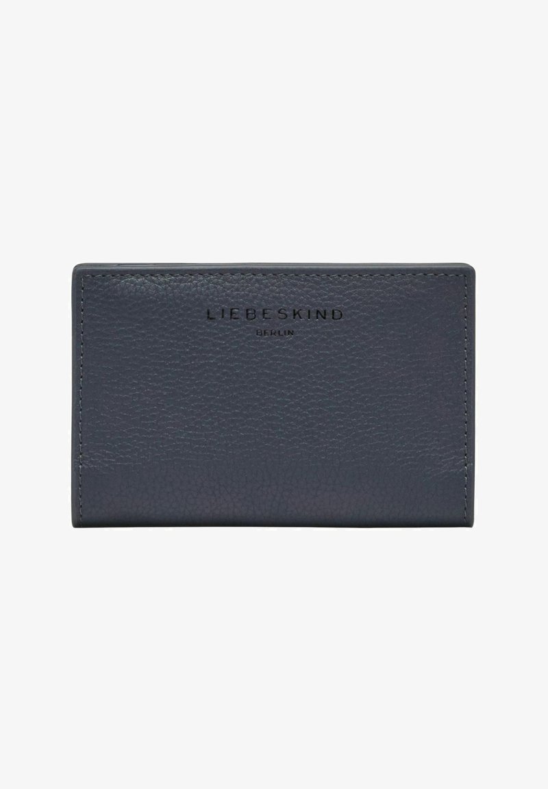 Portefeuille en cuir texturé bleu foncé avec coutures visibles et logo « Liebeskind Berlin » embossé au centre avant.
