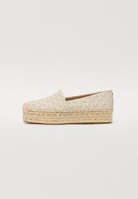 Bežīgas kanvas espadrilas ar atkārtotu MK monogrammu rakstu, plakana slīdēšanas dizaina, jūtas šķiedras viduspēda un noapaļots purngals.