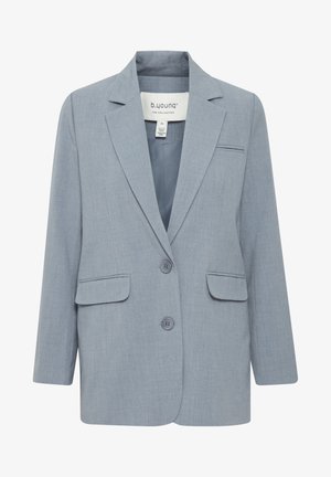 Light gray blazer made of textured fabric, featuring a notched lapel, two front pockets, and a three-button closure. Smooth interior lining.