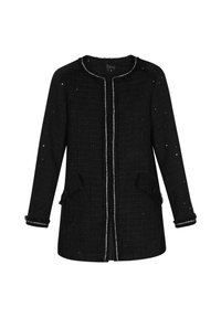 Jachetă din tweed negru cu guler rotund, detalii argintii, două buzunare frontale și franjuri pe manșete. Material texturat cu o strălucire subtilă.