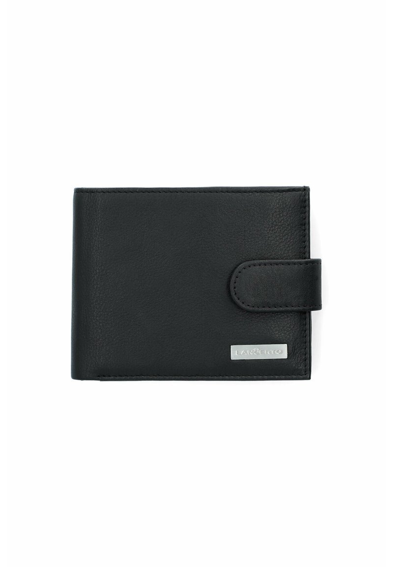 Czarny skórzany portfel o gładkiej fakturze, składany typu bi-fold, z zapięciem na guzik i srebrnym akcentem logo.