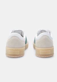 Sneaker bianchi e teal realizzati in pelle scamosciata e cuoio, con tacco arrotondato, suola in gomma beige e un design semplice senza motivi.