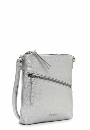 Zilverkleurige crossbodytas met een textuur, diagonale ritspocket, verstelbare riem en hoofdrits sluiting.