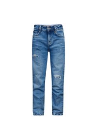 Jeans in denim leggero blu con vestibilità slim, caratterizzati da aree scolorite, un design standard a cinque tasche e una chiusura a bottone in vita.