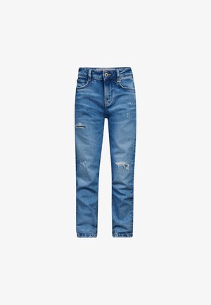 Jeans in denim leggero blu con vestibilità slim, caratterizzati da aree scolorite, un design standard a cinque tasche e una chiusura a bottone in vita.