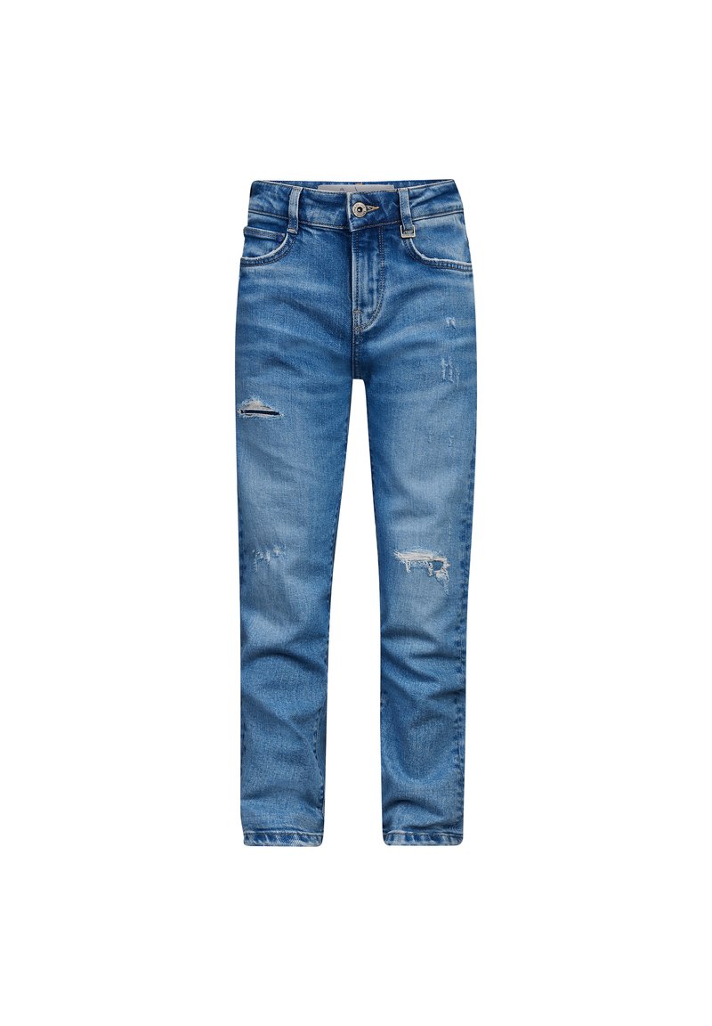 Jeans in denim leggero blu con vestibilità slim, caratterizzati da aree scolorite, un design standard a cinque tasche e una chiusura a bottone in vita.