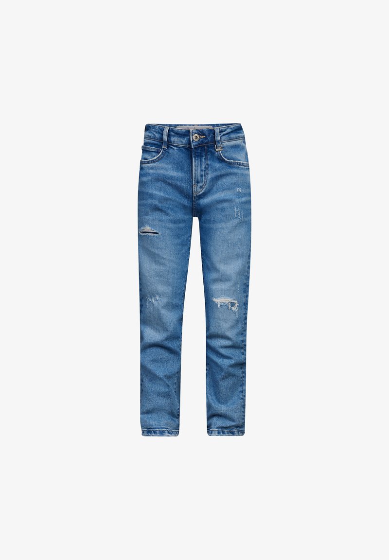 Jeans in denim leggero blu con vestibilità slim, caratterizzati da aree scolorite, un design standard a cinque tasche e una chiusura a bottone in vita.