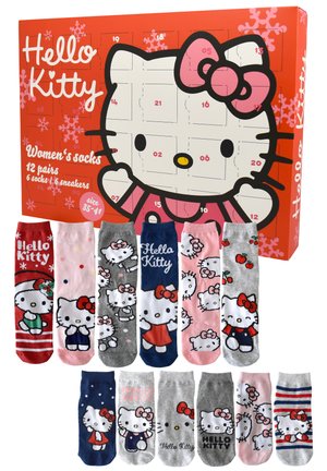 Hello Kitty women's socks set featuring 12 pairs in various colors and designs, including prints with characters and patterns. Includes red, pink, and gray.