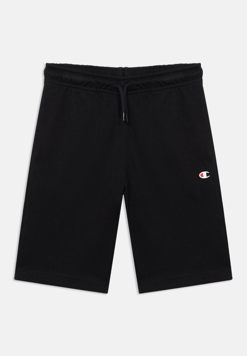 Shorts en coton noir avec une taille élastique à cordon de serrage, une coupe droite, et un petit logo sur la cuisse gauche.