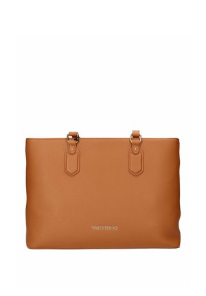 Borsa tote Valentino in pelle color cuoio con due manici superiori e logo argento centrato sul davanti.