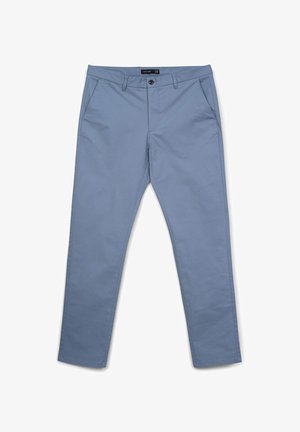 Helleblaue Chinos mit glatter Textur, ausgestattet mit einem Frontknopfverschluss, zwei Seiten Taschen und einem schmal zulaufenden Bein Design.