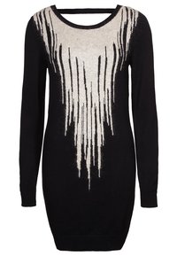 Vestito a maglia nero con maniche lunghe, caratterizzato da un motivo a frange bianco sfumato sul colletto. Realizzato in tessuto a maglia testurizzato.