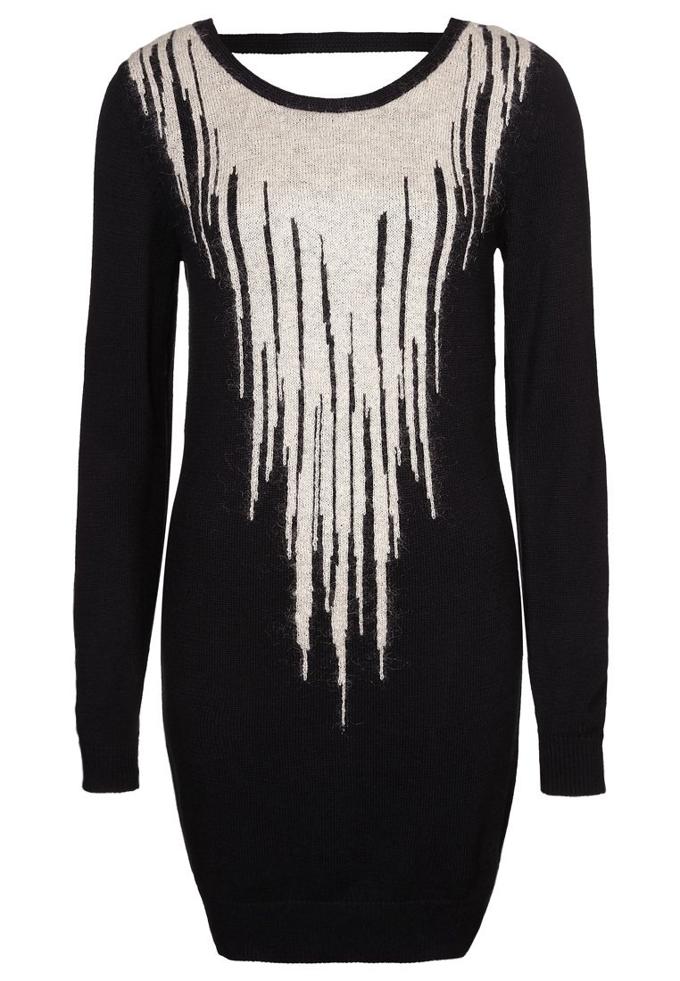 Vestito a maglia nero con maniche lunghe, caratterizzato da un motivo a frange bianco sfumato sul colletto. Realizzato in tessuto a maglia testurizzato.