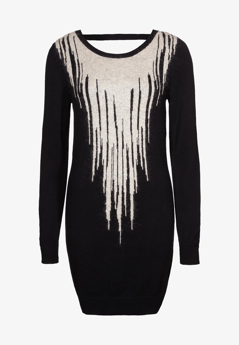 Vestito a maglia nero con maniche lunghe, caratterizzato da un motivo a frange bianco sfumato sul colletto. Realizzato in tessuto a maglia testurizzato.