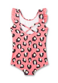 Rosa Badeanzug mit schwarzen und weißen Leopardenflecken, ausgestattet mit Rüschen-Trägern und einem gekreuzten Rückendesign. Glattes, dehnbares Material.